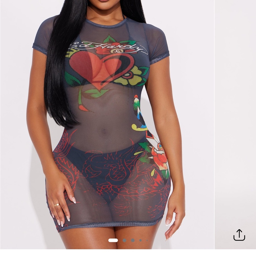 Ed Hardy dragon Mesh cover up mini Dress - Fashion nova